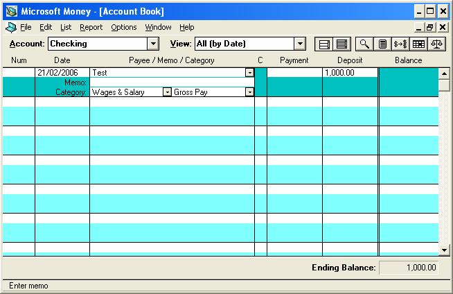 Microsoft Money 1.0 Account Register