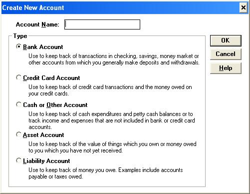 Microsoft Money 1.0 Create Account