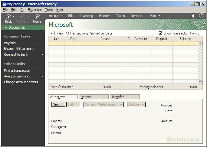 Microsoft Money 2000 Account Register