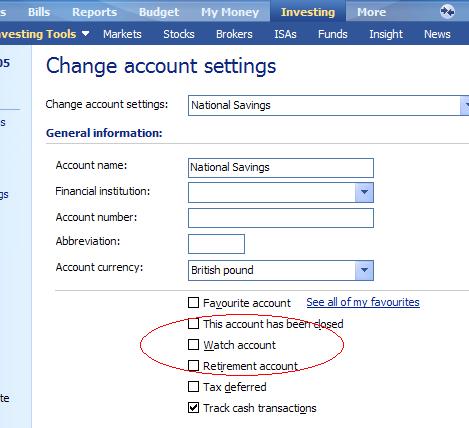 Watch account setting in the investment account for the Microsoft Money portfolio