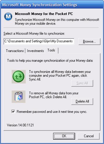 Image showing ActiveSync option to delete all Microsoft Money data