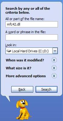 Searching for the mfc42.dll file in Windows