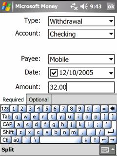 Example screen from Dell Axim x51v of Microsoft Money for the Pocket PC