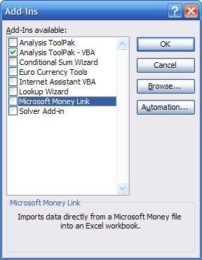 Excel add-in window showing MoneyLink Add-in