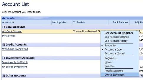 Showing how to delete a statement in Microsoft Money account list