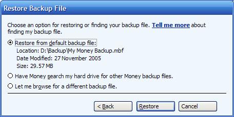 Selecting the most recent (default) backup file in Microsoft Money