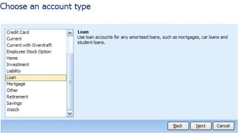 Choose an account type in Microsoft Money. Selection of loan option when lending money