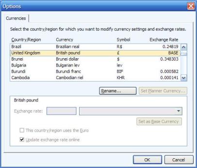 Currencies page showing BASE currency in Microsoft Money