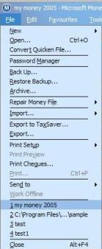 Microsoft Money 2005 menu showing last four files used in the program