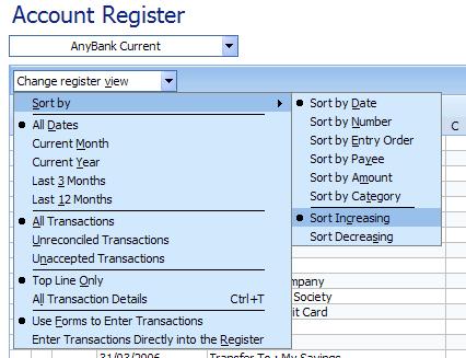 Sort by options for sorting the account register in Microsoft Money