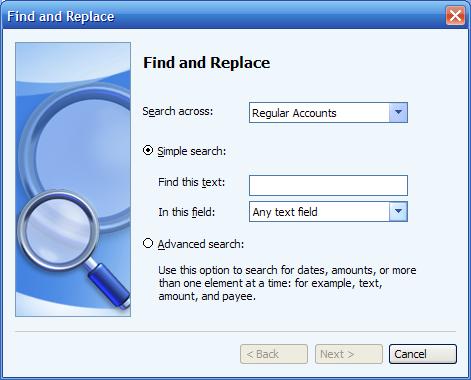 Find and Replace window in Microsoft Money, showing Simple and Advanced 
    search options