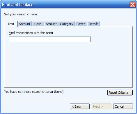 Advanced search by text in Microsoft Money