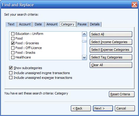 Setting a category as search criteria in Microsoft Money find and replace