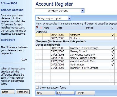 View of the account register balancing in Microsoft Money