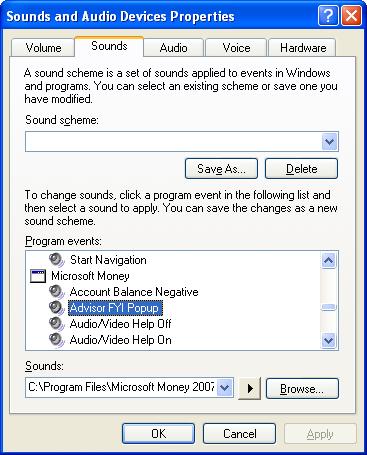 Sounds and audio device properties in Windows XP for Microsoft Money