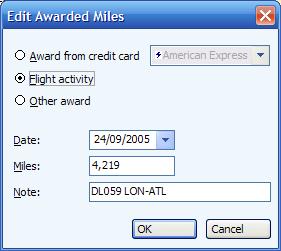 Entering miles for a flight activity into a Microsoft Money Frequent Flyer account