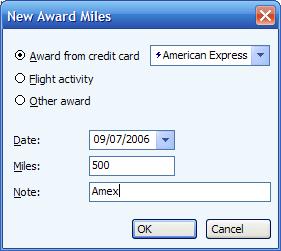 Award from credit card option when adding new award miles or points