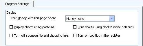 General options for Microsoft Money with option to display charts using patterns for high contrast