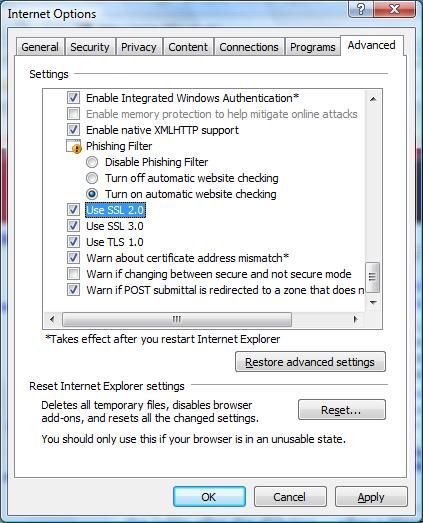 SSL 2.0 protocol option