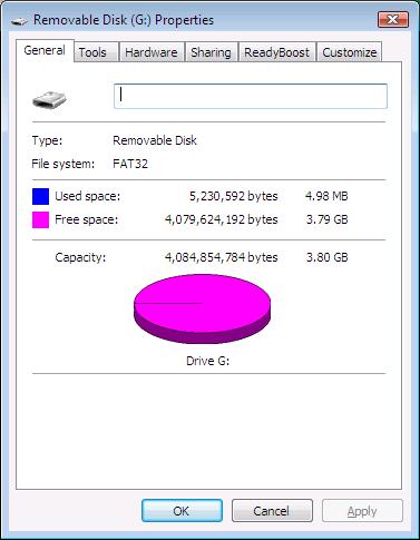 USB Drive showing almost 4GB of free storage