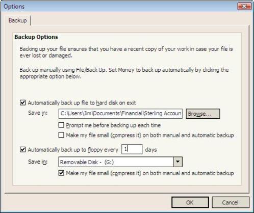 Backup options showing 
    the removable disk backup