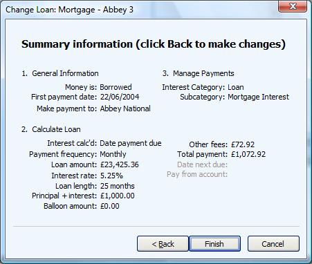 Summary Information when changing a loan