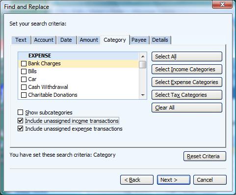 Find and Replace option in Microsoft Money to include unassigned income and expense transactions