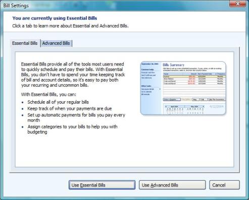 You are currently using Essential Bills. Click a tab to learn more about Essential and Advanced Bills.