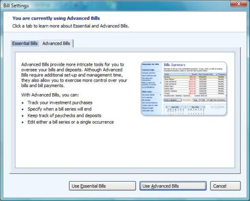 You are currently using Advanced Bills. Click a tab to learn more about Essential and Advanced Bills.