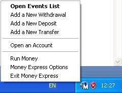 Money Express showing available options in Microsoft Money 2004 and earlier