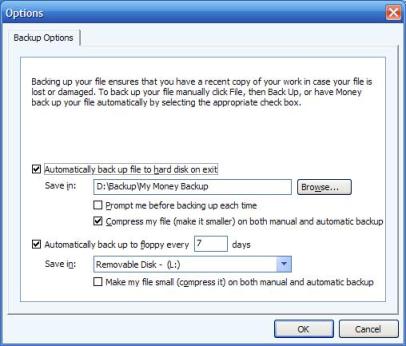 Backup options in Microsoft Money 2005 and earlier