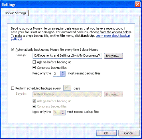 Image of new backup options for Microsoft Money 2006